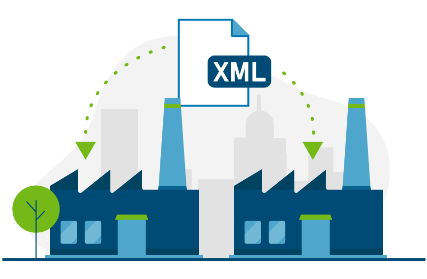 Symbolische Darstellung des elektronischen Rechnungs- und Datenaustauschs zwischen Unternehmen (B2B via XML) Illustration zweier Industriegebäude (Unternehmen) mit einer XML-Datei und Pfeilen, die den Datenaustausch zwischen Firmen darstellen.