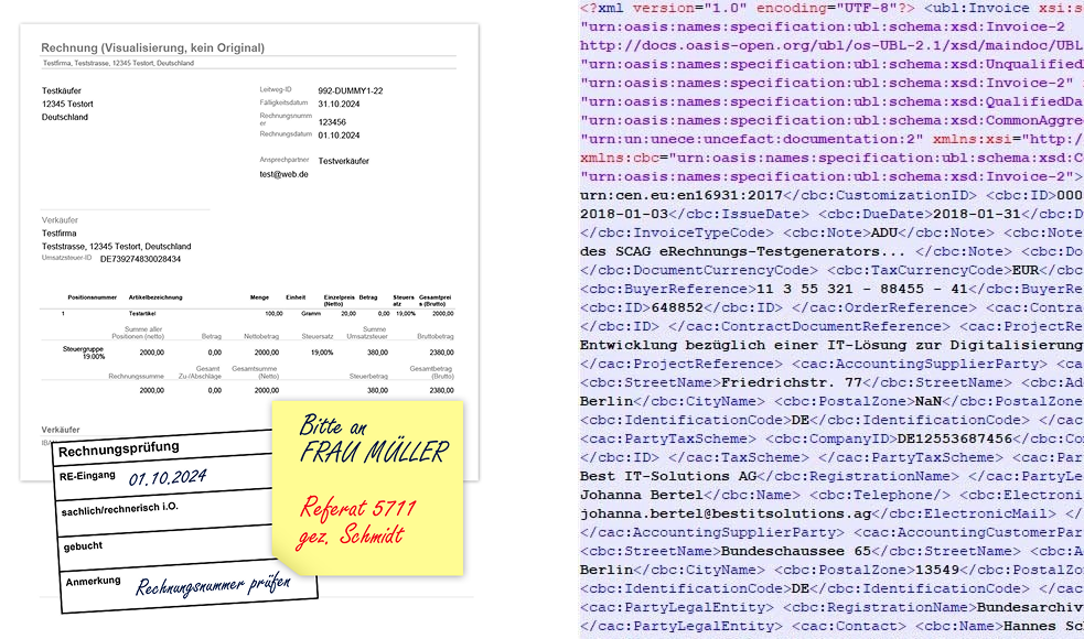 Vergleich zwischen visuellem Rechnungsdokument (PDF) und strukturierter elektronischer Rechnung (XML) Gegenüberstellung einer visuellen PDF-Rechnung mit Post-it-Notiz und Prüfstempel auf der linken Seite und des maschinenlesbaren XML-Quellcodes einer E-Rechnung auf der rechten Seite.