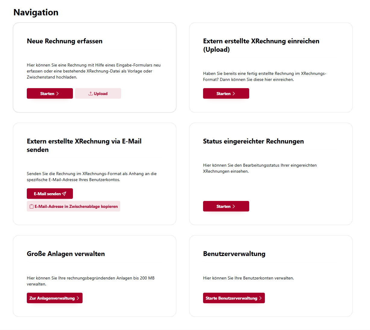 Navigationsmenü der OZG-RE Plattform zur Übermittlung und Verwaltung von XRechnungen Screenshot des OZG-RE Navigationsmenüs mit Kacheln für Neue Rechnung erfassen, XRechnung einreichen (Upload), via E-Mail senden, Status einsehen, Große Anlagen verwalten und Benutzerverwaltung.