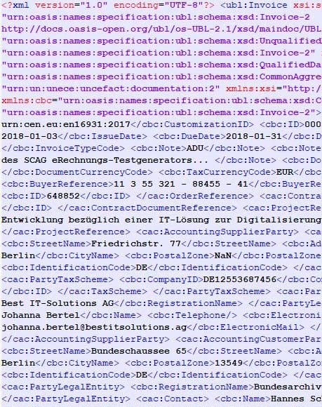 Ein Auszug einer elektronischen Rechnung mit XML-Code.