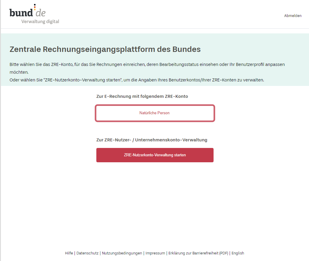 Eine Abbildung der Benutzeroberfläche der ZRE zur Auswahl des Kontos. Es gibt zwei Auswahlmöglichkeiten: 1. Zur E-Rechnung mit folgendem ZRE-Konto für natürliche Personen und 2. Zur ZRE-Nutzer- oder Unternehmenskonto-Verwaltung.