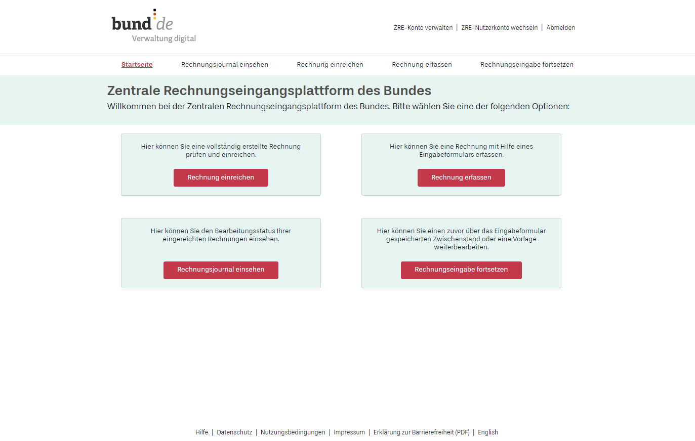 Eine Abbildung der Startseite der Benutzeroberfläche der ZRE. Es gibt vier Auswahlmöglichkeiten: 1. Rechnung einreichen, 2. Rechnung erfassen, 3. Rechnungsjournal einsehen und 4. Rechnungseingabe fortsetzen.