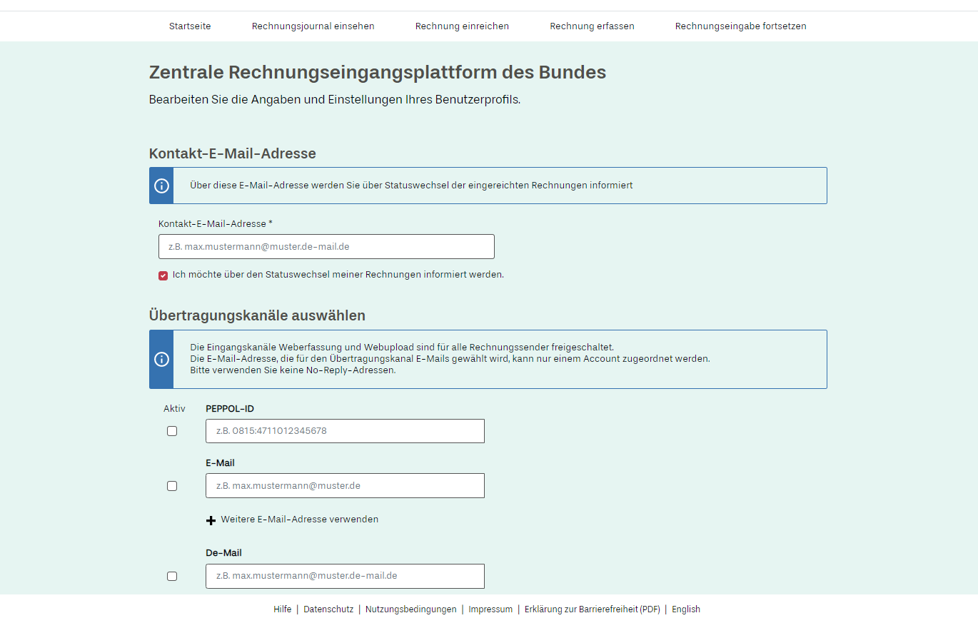 Eine Abbildung der Benutzeroberfläche der ZRE, bei der die Angaben und Einstellungen des Benutzerprofils bearbeitet werden können. Auszufüllende Felder sind zum einen die Kontakt-E-Mail-Adresse, über die Informationen über den Statuswechsel eingereichter Belege eingehen. Zum anderen sollen die Übertragungskanäle ausgewählt werden, wobei eine Peppol-ID, eine E-Mail-Adresse und eine De-Mail-Adresse angegeben werden können.