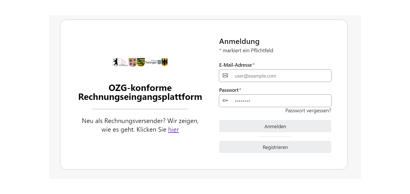 Eine Abbildung der Benutzeroberfläche der OZG-RE. Es gibt die Auswahl zwischen der Anmeldung mit einem bereits bestehenden Benutzerkonto und der Registrierung auf der Plattform.