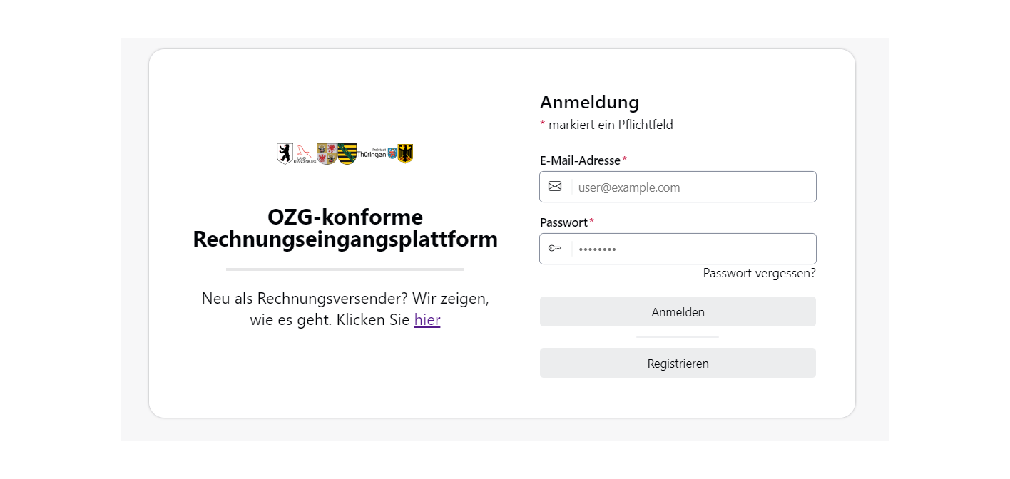 Screenshot 2 ZRE Benutzeroberfläche-1 Eine Abbildung der Benutzeroberfläche der OZG-RE. Es gibt die Auswahl zwischen der Anmeldung mit einem bereits bestehenden Benutzerkonto und der Registrierung auf der Plattform.