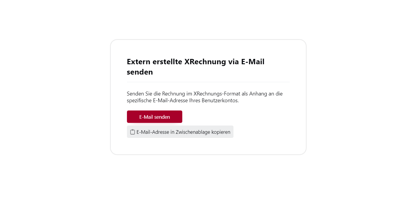 Eine Abbildung der Benutzeroberfläche der OZG-RE. Es handelt sich um ein Ausschnitt des Navigationsmenüs mit der Auswahlmöglichkeit: Extern erstellte XRechnung via E-Mail senden.