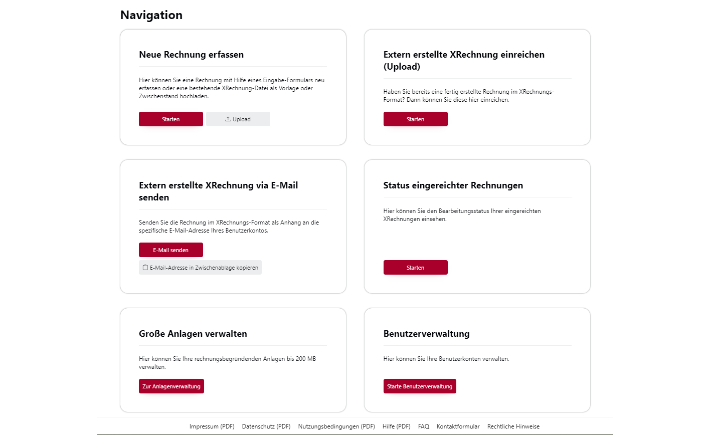 Eine Abbildung der Benutzeroberfläche des Navigationsmenüs der OZG-RE. Es gibt sechs Auswahlmöglichkeiten: 1. Neue Rechnung erfassen, 2. Extern erstellte XRechnung einreichen (Upload), 3. Extern erstellte XRechnung via E-Mail senden, 4. Status eingereichter Rechnungen, 5. Große Anlagen verwalten und 6. Benutzerverwaltung.