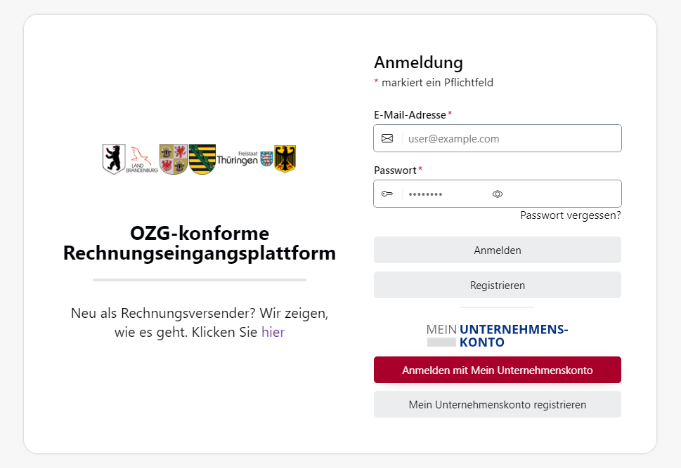 Der Screenshot zeigt die Anmeldeseite des OZG-RE Portals. Sie können sich entweder bei einem bestehenden Benutzerkonto anmelden ("Anmelden") oder ein neues Konto registrieren ("Registrieren").